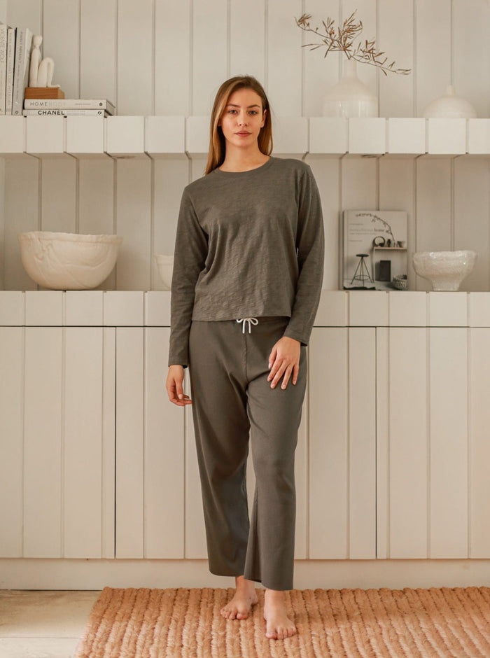 olive slub cotton sweater set