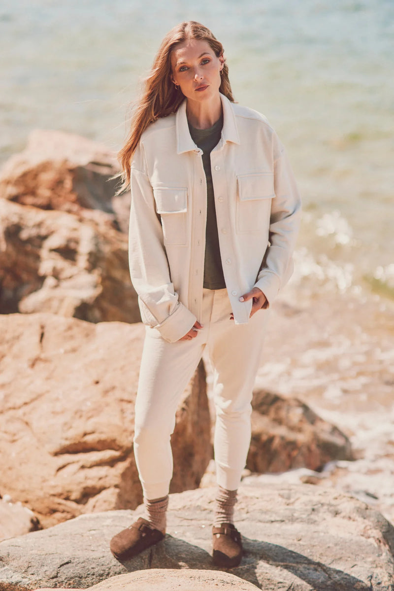 Woman wearing cream Dartmouth Jacket