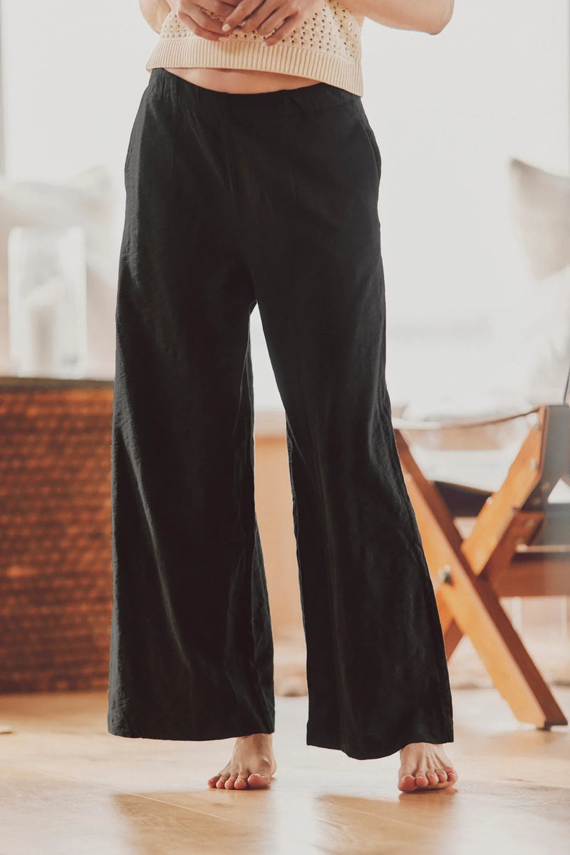 model wearing black wide-leg pants