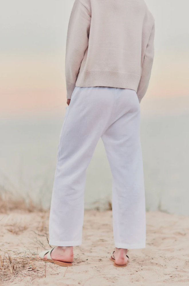model wearing cotton gauze pants with sweater