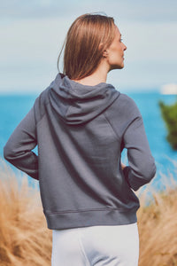 a model showing the back of a blue hoodie